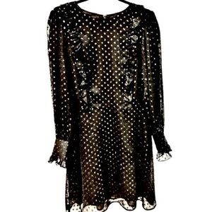Elegant Black and Silver Embroidered Polka Dot and Ruffle Trim Long Sleeve Dress